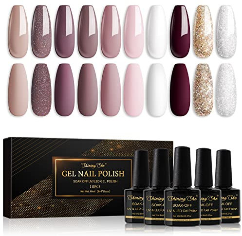 Shining She Gel Nail Polish Set, 10 Colors Nude Pink White Brown Glitter Gold Sliver Gel Polish Set Soak-Off UV/LED Manicure for Women Nail Art Salon DIY Home, 8ML