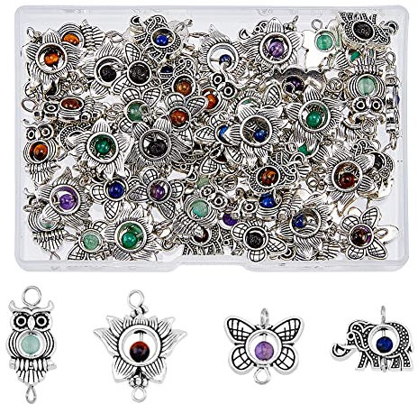 SUPERFINDINGS 64 Stück 4 Stile Natur Gemischte Stein Verbindungs Charms Antik Silber Stein Charms Links Eule Elefant Schmetterlings Verbindungs Charm Für DIY Schmuckherstellung Loch: 1.5~3.2mm