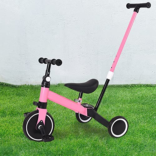 Kleinkind-Dreirad, Laufrad mit Größere Räder, Abnehmbare Pedale, Höhenverstellbarer Sitz, Lauflernhilfe für Kinder ab 1 Jahre bis 4 Jahren (Rosa mit Push-Lenker)