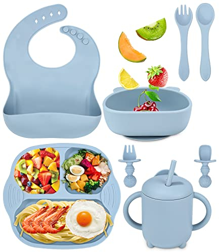 Jissta Kindergeschirr Baby-Teller, 8-teiliges Set Kinderteller mit Saugnapf, Teller Lätzchen Schüssel Löffel Gabel Baby Trinkbecher, Silikonplatte Baby rutschfest ohne bpa (blau)