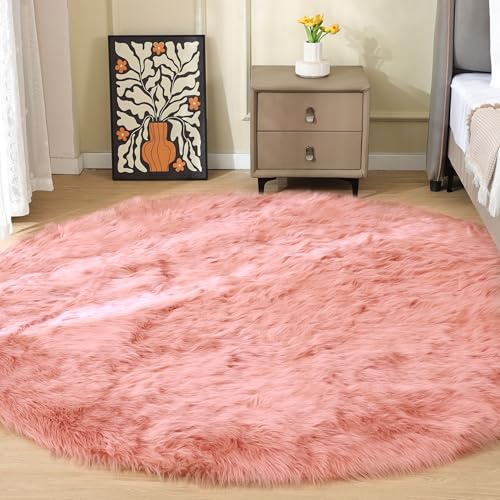 ORINOVA Teppich Runder Rosa 200 cm Kunstfell Flauschig Fellteppich Schlafzimmer Wohnzimmer Weicher Kuschelteppich Bettvorleger Waschbar