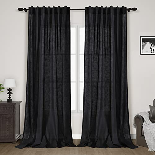 Lot de 2 panneaux de rideaux noirs unis de 243,8 cm de long avec pattes arrière, voilages en lin transparent d'aspect mousseline de coton texturé de style rustique moderne pour porte coulissante de