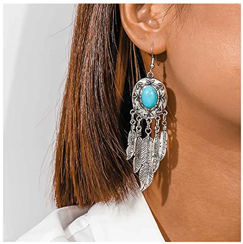 Inilbran Boho Türkis Blatt Tropfen Ohrringe Silber Stammes-Feder Quaste Ohrringe Vintage Türkis Blatt Baumeln Haken Ohrringe Ethnischen Türkis Ohrringe Schmuck Für Frauen Und Mädchen