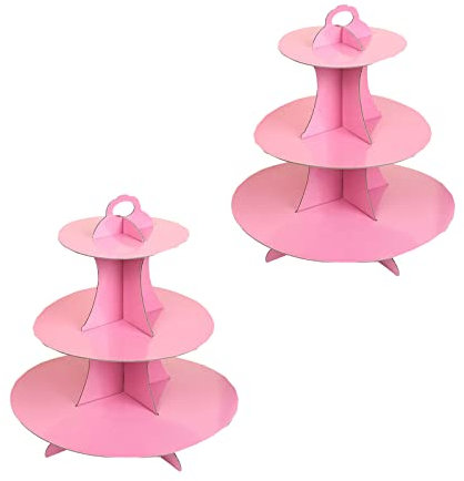 2 Pack 3 Tier Cardboard Cake Stand, Three Tiered Paper Afternoon Tea Stands color Disposable Cupcake Holder Round Dessert Stands for Party Wedding Birthday Baby Shower Anniversary (Paper Pink)