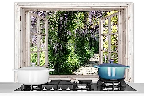 KitchenYeah© Pannello Paraschizzi Cucina Alluminio 100x65 cm para Schizzi per Piano Cottura Parete Cucine Glicine - Fiori - Trasparente - Albero - Primavera