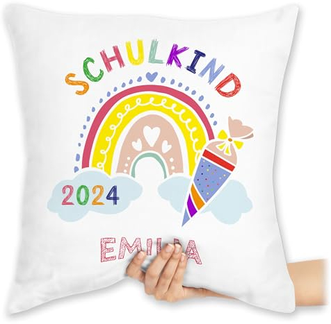 Kissen 40x40 Zierkissen - Einschulung - Schulkind 2025 Regenbogen - 40 x 40 cm - Weiß - schulanfang schultüte schulanfänger zuckertüte 1. schultag 2024 schul zur schule name 1.schultag