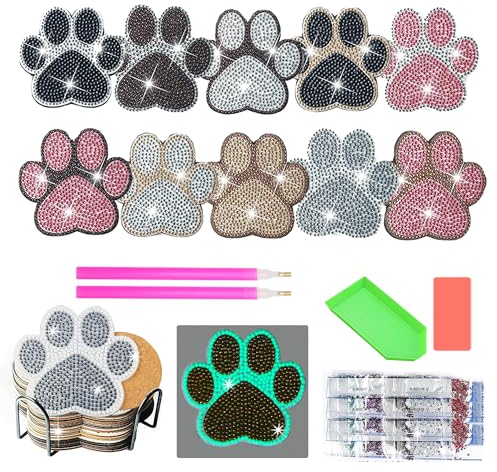 Trhillsbrad 10 Stücke Diamond Painting Untersetzer mit Halter, Diamond Art Coasters, Glow in The Dark Coasters, Diamond Kits for Adults Beginners(Paw)