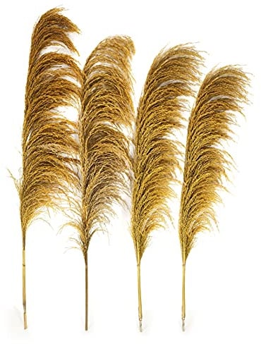 Pampas Grass Decor Tall,Pampas Grandes Florales esponjosas,Flores de Plumas largas para arreglo de Boda Boho Sala de Estar (4 Piezas 43/110cm, Oro)