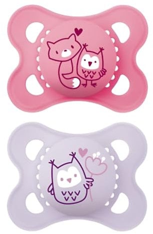 MAM Original Succhietto 2-6 Mesi (Set da 2), Ciuccio MAM 2-6 mesi con tettarella ortodontica in silicone, Kit da 2 accessori neonato con pratico porta ciuccio sterilizzatore, Rosa/Lilla