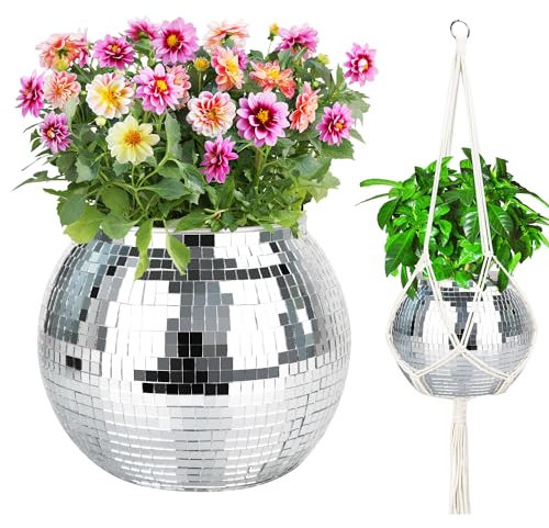 FGBNM - Disco Ball Flower Pot 1 Piece 9 Inch Silver Disco Ball Shaped Flower Pot - Disco Ball Plant Hanger with Hanging Rope, Chain pa