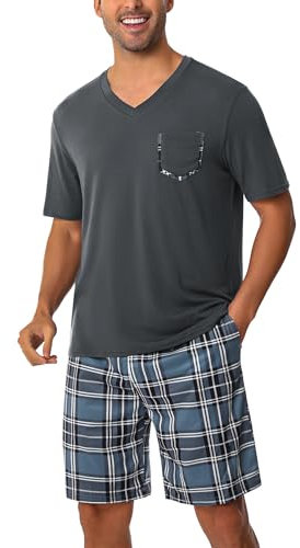 Uniexcosm Pigiama Estivo Uomo Estivi Cotone Corti Scollo a V Pigiama da Uomo Pigiami Due Pezzi da Uomo Pigiama Corto Uomo Cotone con Tasche Grigio Scuro Scuro M
