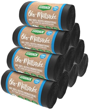 ECOSACK Öko Müllsäcke 120L, 10 Rollen (240 Beutel) reißfest - In der EU produziert, aus recycelten Folien und mit erneuerbarer Energie hergestellt