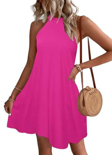 WNEEDU Abito Donna Estivo Vestito Spiaggia Senza Maniche Abito Cort Casual Collo Sospeso Copricostume con Tasche Rosa S