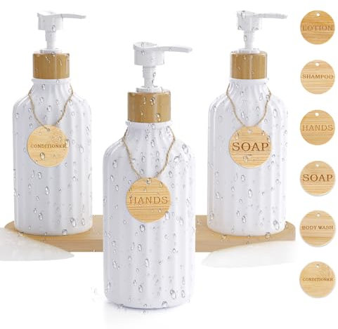 Shampoo and Conditioner Dispenser Set of 3, 16OZ Refillable White Shampoo and Conditioner Bottles Extra-Thick Plastic Empty Body Wash Dispenser with Pump and Tray Tags for Bathroom and Shower