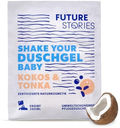 Future Stories Gel de ducha en polvo – manteca de cacao orgánica y aloe vera, vegano, 1 bolsa (1 x 20 g) da 260 ml, aroma de coco, tonka