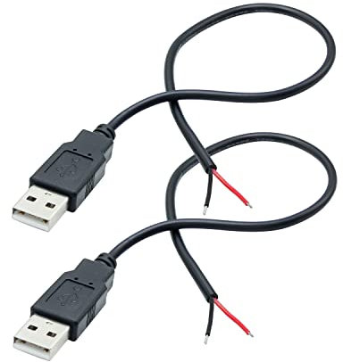 Cable corto USB 2.0 macho de 2 pines, 30 cm, USB 5 V/3 A, cable de alimentación de extremo abierto, para equipos USB instalados o reemplazados, cable de reparación de bricolaje (2 piezas)
