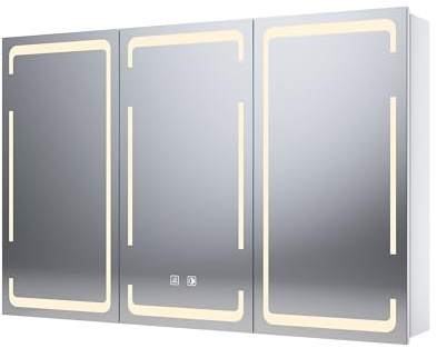 SONNI Spiegelschrank mit Beleuchtung 3 Lichtfarbe Einstellbar und Beschlagfrei 3 Türiger Spiegelschrank mit Kabelloses Scharnier Design und Steckdose 90x60 cm weiß