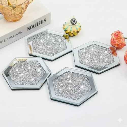 TRENDZY Untersetzer aus Kristallglas, verspiegelt, sechseckig, glitzernd, silberfarben, für Zuhause, Küche, Bar und Restaurant, Heimdekoration, Geburtstag, Hochzeit, (Hexa)