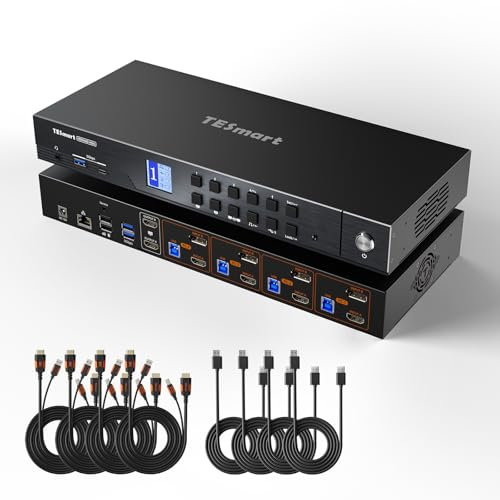 TESmart 4K@144Hz Displayport HDMI KVM Switch 2 Monitor 4 PC, 2025 neu HDMI 2.1 DP 1.4 KVM Umschalter Dual Monitore 8K@60Hz, EDID, Gigabit Netzwerk, Hotkey Switch, VRR, USB 3.0 Docking Station, 8 Kabel