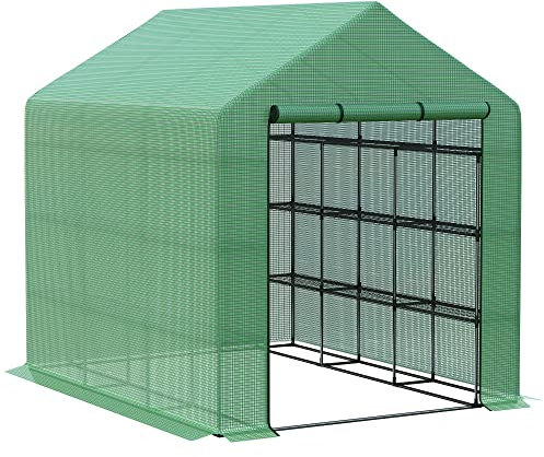 Outsunny Serre de jardin PE avec étagères 4 niveaux, 4,39 m², serre de balcon bâche renforcée 140 g/m², châssis en acier, porte zippée enroulable, pour légumes plantes fleurs, 244 x 180 x 210 cm, vert