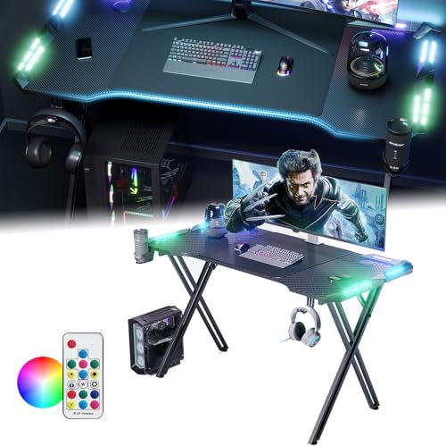 XINZI LED Computertisch mit Kohlefaser Beschichtung, Esport Ergonomischer Tisch mit Kopfhörerhaken Getränkehalter, Schreibtisch Perfekt für Schlafzimmer Büro, X-Frame Gaming Schreibtisch(120x60x73cm)