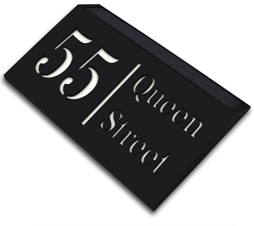 Housics Personalised House Sign with Solar Light, Laser Cut LED Door Number Plaque for Wall 180×280mm, Black Weatherproof Custom Name Plate, Light Up Door Number Sign with street name and number