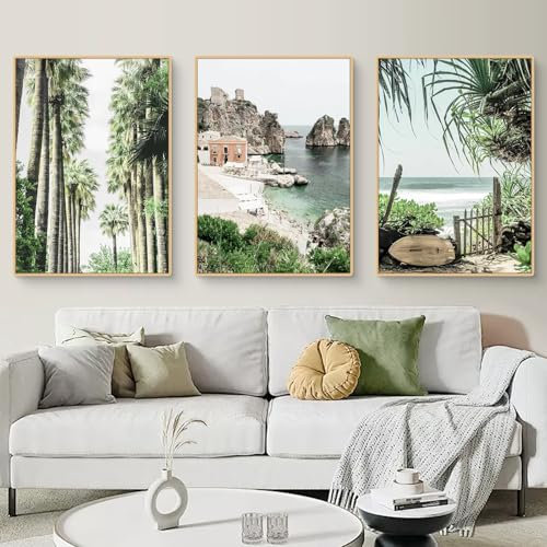Fiwzzdur 3er Poster Set, Bilder Sommer Strand Palmen Kokosnuss Poster & Kunstdrucke, Moderne Grün Aesthetic Wandbilder ohne Rahmen, Wanddeko Wohnzimmer & Schlafzimmer (40x50cm,DEF)