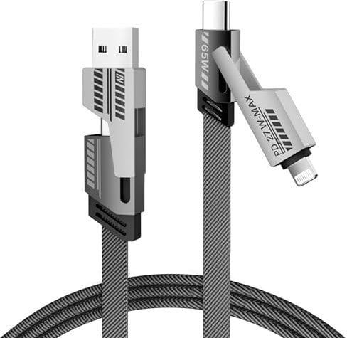 4-in-1 Multi Charger Cable | 65W Fast Charging USB A/C to Light'ning & USB-C | 3FT Nylon Braided iPhone Fast Charger Cable for iPhone 16-12 Pro Max, MacBook, Samsung, iPad, Silver