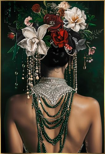 STYLER Glasbild Devi 80 x 120 cm I Wandbild Glas modern für Wohnzimmer Schlafzimmer Büro Flur | Elegantes Frauenportrait mit Schmuck und floralen Details | hochwertige Wanddeko mit goldenem Rahmen