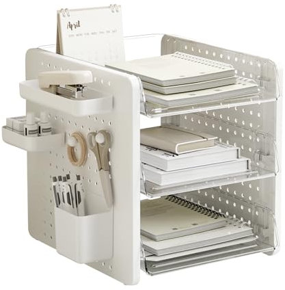 OSTWOLKE Schreibtisch Organizer mit Aktenhalter, Ablagefächer Stapelbar, 33x27,5x31,4cm, Briefablage a4 Büro 3 Etagen mit Stifthalter und Ablagefach, Dokumentenablage für Unterlagen Schreibwaren(Weiß)
