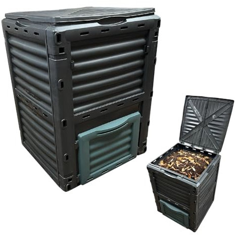 300L Outdoor Garden Compost Bin - Eco Friendly Organic Waste Converter Kitchen Composter | With Flip Latchs on Lid, Weatherproof, Easy to Assemble | Black & Green - Bottom Exit Door Grass Food Trash