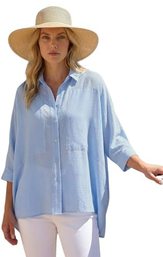 Roman Relaxed Smart Stretch Shirt for Women UK - Ladies Spring Everyday Summer Break 3/4 Length Sleeve Soft Classic Collar Comfy Lightweight Blouse Vacation Tops - Light Blue - Size 18