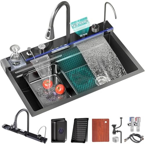 Wasserfall Küchenspüle,Schwarz Multifunktional Edelstahl Barspüle,mit Ausziehbare Wasserhähne,Schneidebrett,Siphon,Über- und Ablauf-Set Komplettes Zubehör Aufsatzspüle(75 * 46 * 22cm)