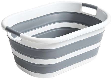 CHARKHAH 67L Collapsible Laundry Basket – Foldable Clothes Washing Bin for Space Saving | Strong Plastic Storage Hamper with Handles – White & Grey Color in Oval Design (Classic)