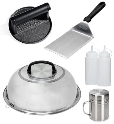 HULISEN Cast Iron Burger Press Kit, 12 Inch Basting Cover, Grill Spatula, Spice Dredge Shaker and 2 Squeeze Bottles – Griddle Accessories for Flat Top Grill Cooking