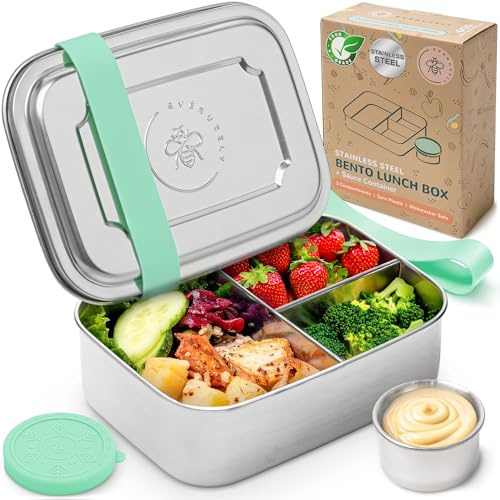 Everusely - Bento Box - Green, 37oz / 1.1 L - Stainless Steel Lunch Box with Leakproof Condiment Container - 3 Compartment Snack Container Office Meals - Freezer & Dishwasher Safe