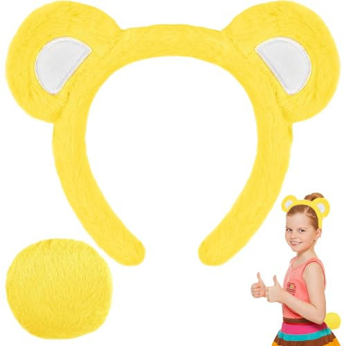 Bärenohren Haarreif mit Plüsch-Schwanz, Bärenkostüm für Halloween (Gelb) | Bärenohren Haarreif mit Plüsch-Schwanz für Bärenkostüm, Karneval, Halloween, Cosplay, Bühnenauftritt und Mottoparty