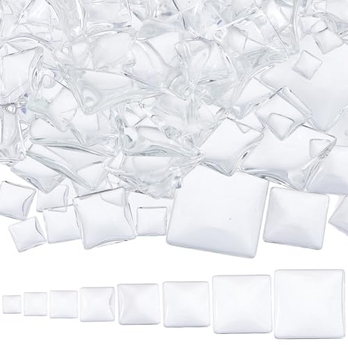SUPERFINDINGS 150Pcs 8 Sizes Clear Square Cabochons Glass Dome Cabochons 8-30mm Flat Back Clear Cabochon Tiles Cameo Beads Embellishments for DIY Photo Cameo Pendant Craft Jewelry Making