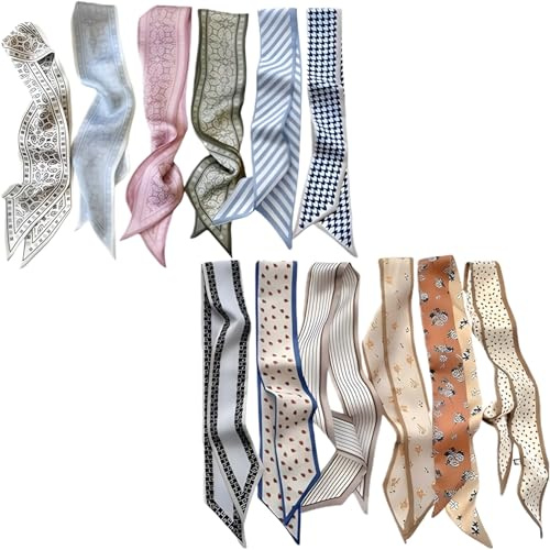 FrostyFlair Halstücher für Damen, 12 Stück Multifunktionale Haartuch, Handtaschenschal Stirnbänder für Taschen, Haarschmuck, Modische Accessoires, Silk Scarf