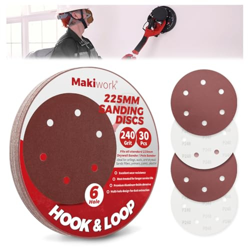 Makiwork Lot de 30 Disques Abrasifs 225 mm Grain 240 – 6 Trous – Auto-Agrippants – pour Ponceuse Girafe – Idéal Ponçage Mur, Placo et Cloisons Sèches