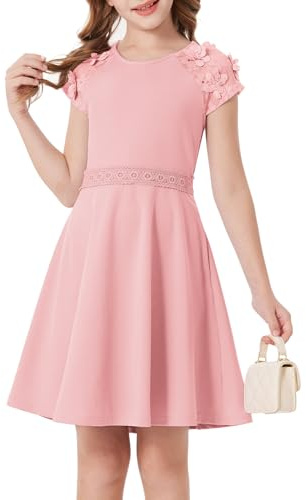 GRACE KARIN Girl's A-Line Midi Summer Dress with Pockets Round Neck and Short Sleeves Dress