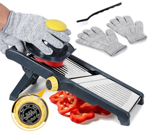 Masthome Mandoline de Cuisine Inox, Trancheuse Réglable 1-9mm avec Gants | Bouton rotatif (tranches 1-9mm, julienne 4.5/9mm), gants anti-coupure, protège-main, base antidérapante et brosse.