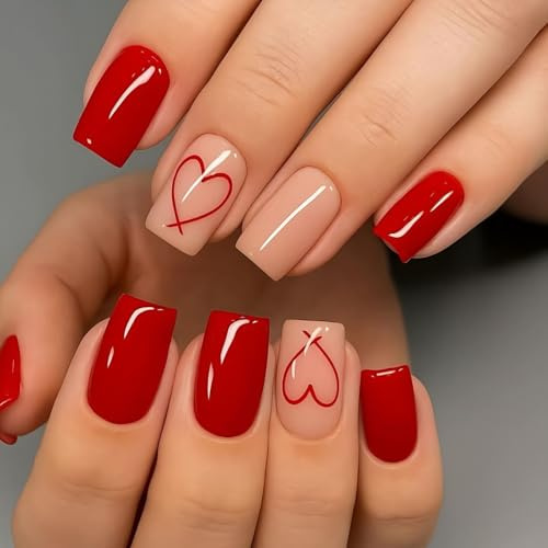 Short French Tip False Nails Press On, Red Press On Nails, Square Short Fake Nails, Stick On Nails for Women Nail Art for Valentine's Day Dates 24Pcs