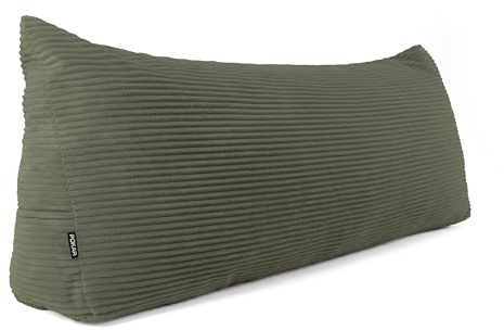 POKAR Rückenkissen | Cord Keilkissen 200x50x20 cm | Lesekissen für Bett und Sofa | Sofakissen für Rückenlehne | Groß Wandkissen Couchkissen mit Seitentaschen | Oeko Tex 100 Zertifiziert | Khaki
