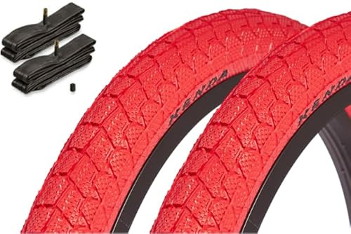 Kenda BMX Reifen Set 20 x 1,95 Zoll – ca. 610 g – Drahtreifen – inkl. Kujo Schläuche AV – sportlicher Look – Park & Street – rot