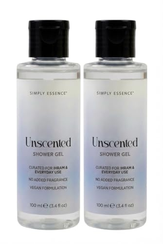 SIMPLY ESSENCE Fragrance Free Shower Gel 100ml – Body Wash for All Skin Travel Friendly Suitable for Ihram, Vegan Gentle Cleanser – Made in UK (Pack of 2, Unscented)