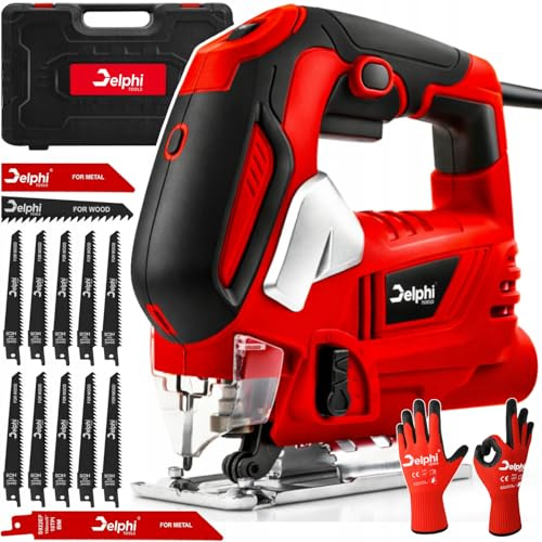 Delphi Stichsäge 750W mit Laser & LED - Elektrische Pendelhub Stichsäge mit Kabel, variable Geschwindigkeit, 0-45° Neigung, 3000 U/min - Holz & Metall Säge inkl. Koffer & Sägeblätter