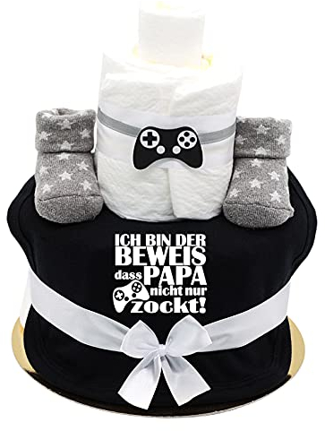 Trend Mama® Sprüche Windeltorte Gamer Windeltorte Junge schwarz - Babysocken + handbedruckt Lätzchen mit Spruch -Ich bin der Beweis dass Papa nicht nur zockt!