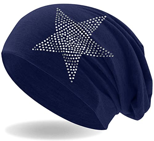 Hatstar Strass Stern Damen Beanie Mütze | elastisches Slouch Long Beanie | Mädchen Mütze | mit edler Strass Applikation | leicht und weich (Navy)