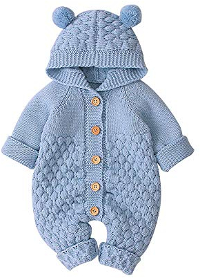 VICROAD Baby Strampler Gestrickter Overall Babykleidung Kapuze mit Süßen Ohren für Jungen Mädchen Neugeborene